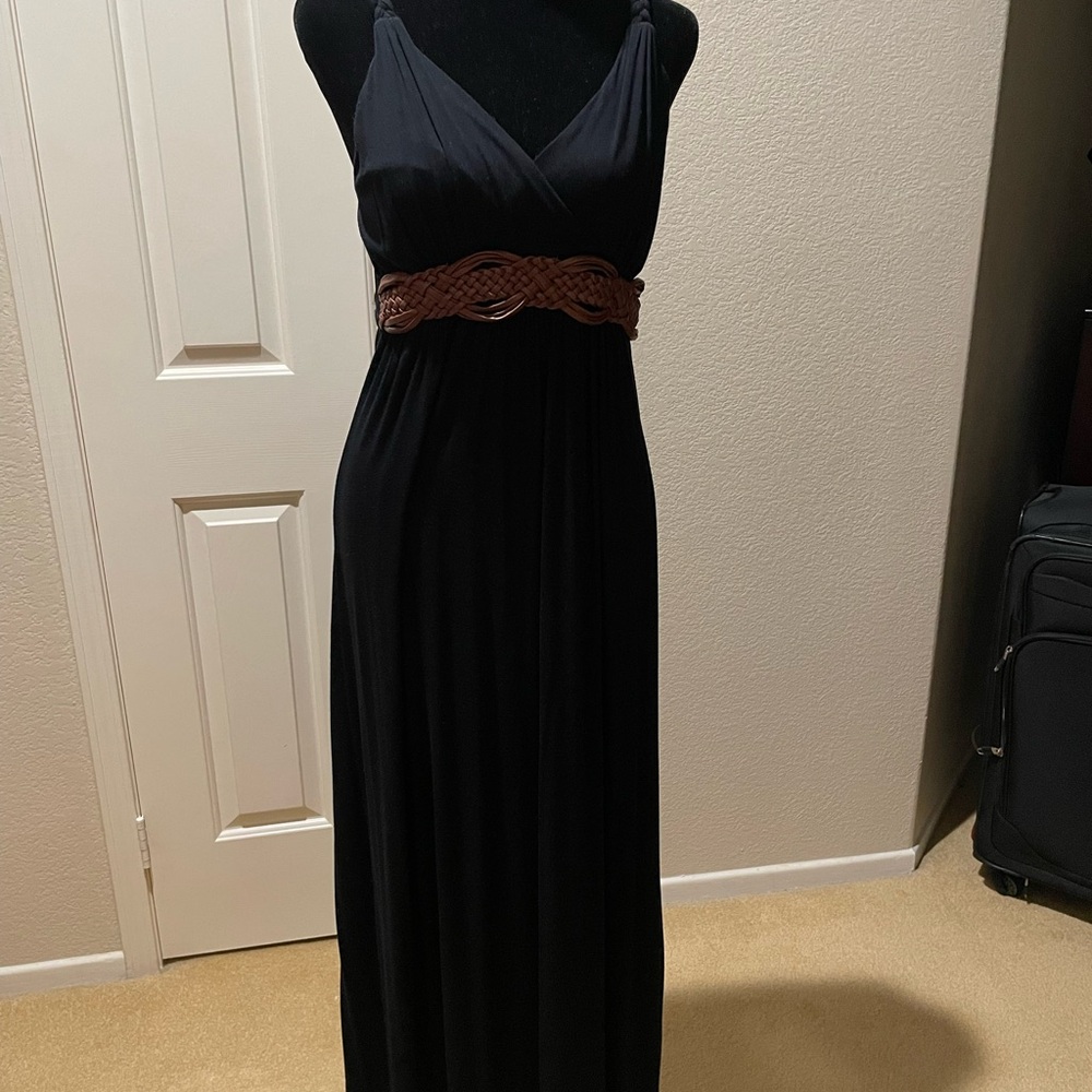 Black Maxi Dress with attached brown belt and braided straps